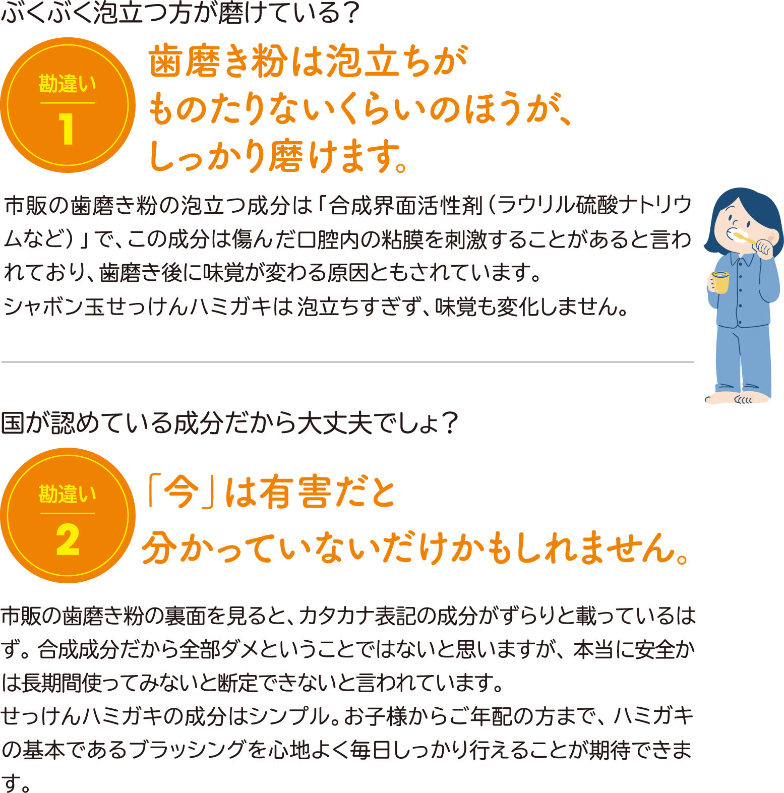 ぶくぶく泡立つ方が磨けている？歯磨き粉は泡立ちがものたりないくらいのほうが、しっかり磨けます。市販の歯磨き粉の泡立つ成分は「合成界面活性剤（ラウリル酸ナトリウムなど）」で、この成分は傷んだ口腔内の粘膜を刺激することがあると言われており、歯磨き後に味覚が変わる原因ともされています。シャボン玉せっけんハミガキは泡立ちすぎず、味覚も変化しません。 国が認めている成分だから大丈夫でしょ？勘違い2 「今」は有害だと分かっていないだけかもしれません。市販の歯磨き粉の裏面を見ると、カタカナ表記の成分がずらりと載っているはず。合成成分だから全部ダメということではないと思いますが、本当に安全かは長期間使ってみないと断定できないと言われています。せっけんハミガキの成分はシンプル。お子様からご年配の方まで、ハミガキの基本であるブラッシングを心地よく毎日しっかり行えることが期待できます。